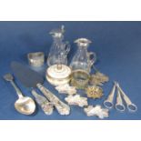 Mixed collection of silver and silver plated items to include a pair of silver topped vinegar
