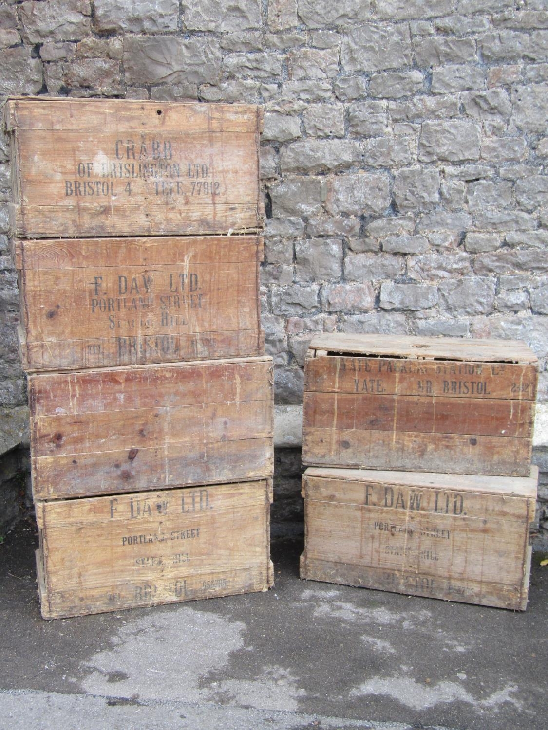 Six vintage pine crates with removable lids and printed merchants advertising (af)