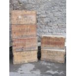 Six vintage pine crates with removable lids and printed merchants advertising (af)