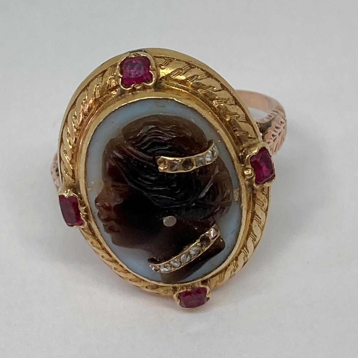 Fine antique blackamoor cameo ring depicting a lady, the agate cameo set with rose cut diamonds - Image 9 of 9