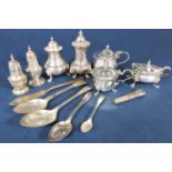 Large collection of silver tableware comprising four various peppers, three mustards, four spoons, a