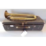 Cased B.B.I.M. Ltd brass horn, 48cm long within a wooden case