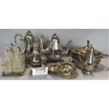 A large collection of silver plated items comprising various entrée dishes, tableware, cruet,