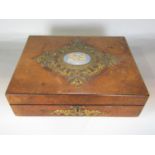 Good quality Victorian burr walnut work box, the hinged lid fitted with good brass strap work and