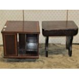 An inlaid Edwardian revolving table top bookcase, 36cm square, together with a simple stool on