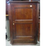 A Georgian fruitwood hanging corner cupboard, enclosed by a panelled door over a single frieze