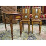 A pair of Victorian panelled hall chairs in mixed timbers, pitch pine, mahogany and oak, the