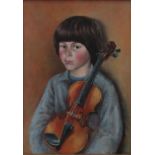 Mary E Carter (British B.1947) - Thomas and his Violin, half length portrait study, oil/tempera on