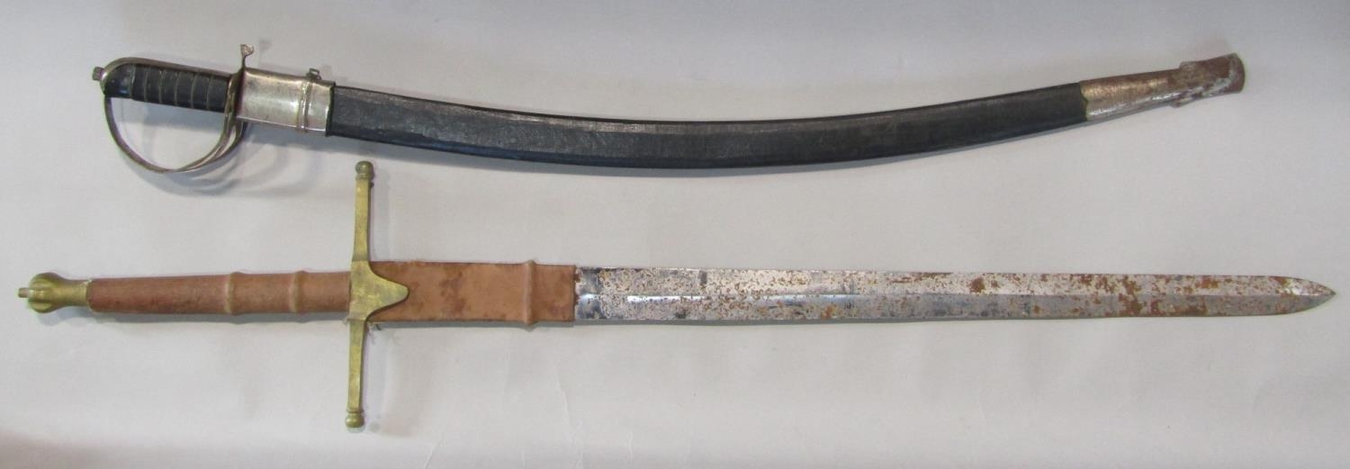 A replica brass and steel broad sword and a further cutlass (2)