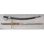 A replica brass and steel broad sword and a further cutlass (2)