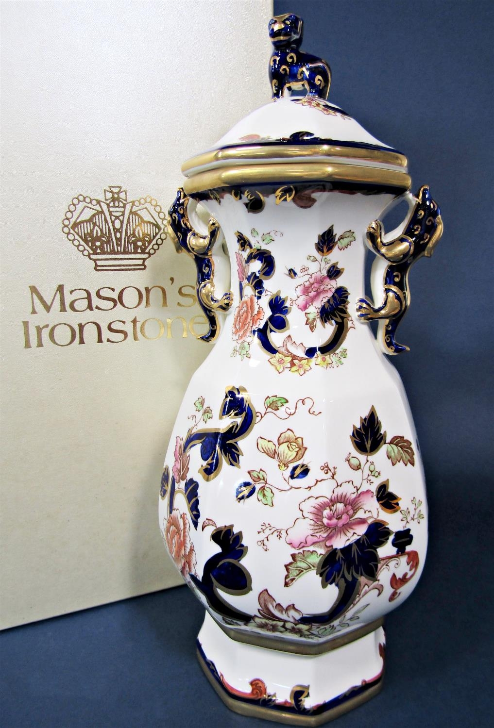 A large two handled Masons Coronation temple dog vase and cover, limited edition number 94/950, 41cm