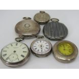 Collection of six various silver and white metal pocket watches to include a Hunter example a Neillo