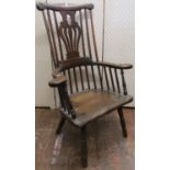 18th century rustic Windsor elbow chair principally in elm, with pierced splat, scrolled arms and