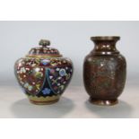 Japanese cloisonné baluster lidded pot, with arched panels decorated with flowers and butterflies,