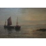 Gustave De Breanski (British 1856-1898) - Coastal scene with fishing boats and distant shore, oil on