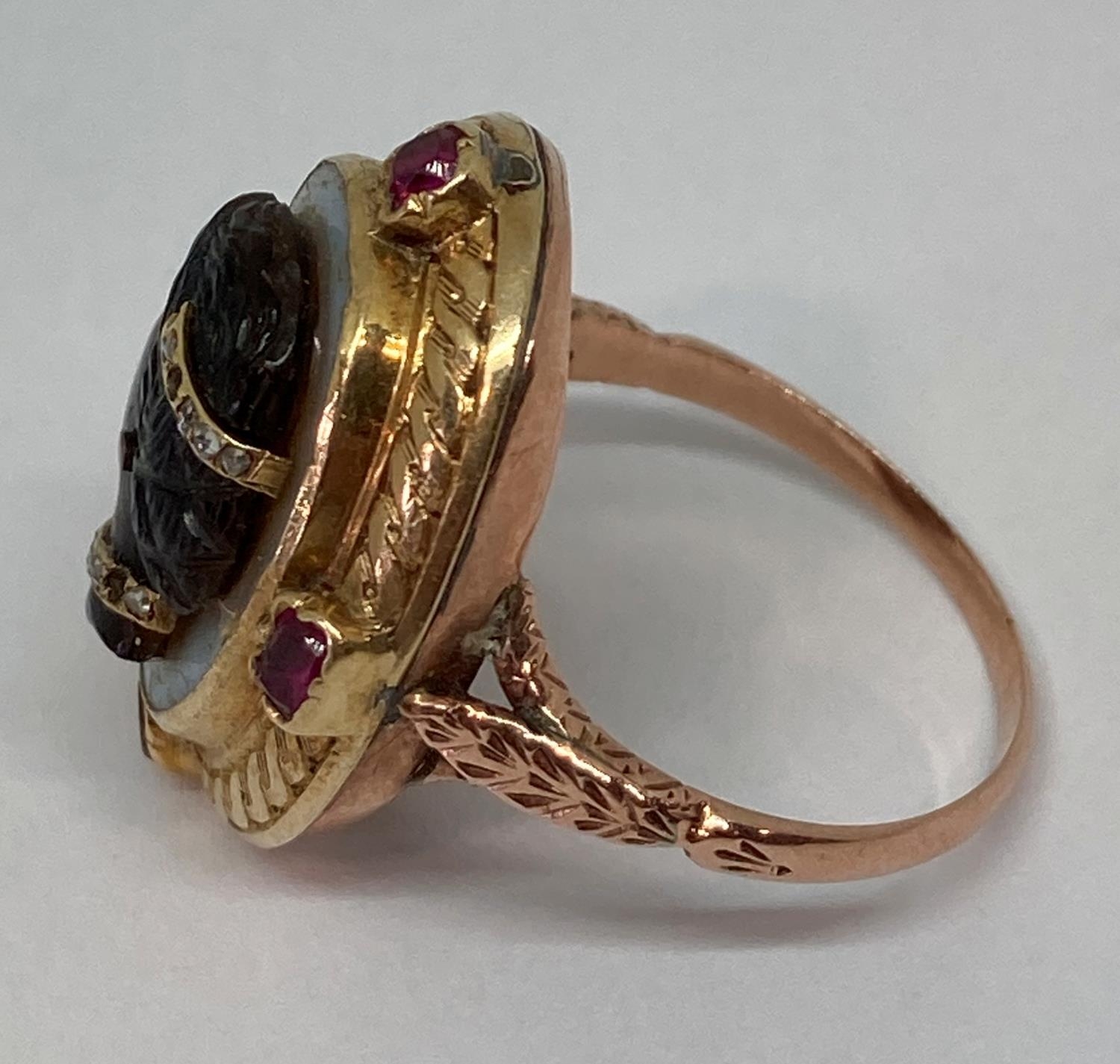 Fine antique blackamoor cameo ring depicting a lady, the agate cameo set with rose cut diamonds - Image 5 of 9