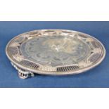 Good quality Victorian silver salver, the bowl engraved with geometric garlands and foliage