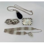 Group of silver / white metal jewellery to include an aesthetic movement brooch with rose and yellow
