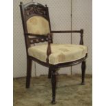 Pair of Edwardian armchairs, with carved and pierced foliated back with shaped arms, shaped backs