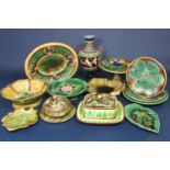 A collection of mainly 19th century majolica wares including a continental two handled vase with