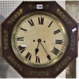 19th century rosewood and brass inlaid octagonal twin fusee wall clock, the 11" painted dial with