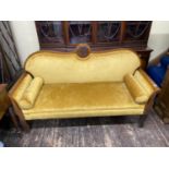 19th century Biedermeier sofa in oak with show wood frame, scrolled arms and upholstered finish,