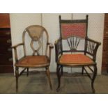 A 1930s cane panelled sewing chair, a late 19th century spindle back elbow chair, Lloyd loom laundry