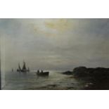 Gustave De Breanski (British 1856-1898) - Peaceful coastal scene on a calm day with fishing vessels,