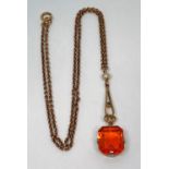 Edwardian style 9ct orange paste and faux pearl pendant necklace, the pendant 4.8cm L approx, 5.9g