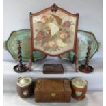 Mixed wooden ware lot to include a good carved casket with floral lid, a wool work fire screen
