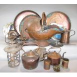 A mixed metal ware lot comprising antique copper helmet coal scuttle, various copper kettles, a