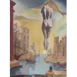 Mariola (20th century school) - A surrealist style scene with classical style nude figure above a