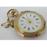 Good quality 14ct fob watch with faceted case, the back fitted with a guilloche enamel panel, with