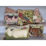 5 hand worked needlepoint cushions, featuring a parrot, sheep, horse and floral designs. 4 have rope