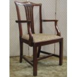 A simple Georgian fruit wood elbow chair with comb splat and square cut supports