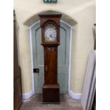 A Georgian mahogany longcase clock, the hood with column supports beneath a dentil frieze exposing