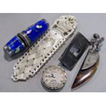 A mixed cabinet lot comprising a good quality white metal and guilloche enamel etui, the thimble lid
