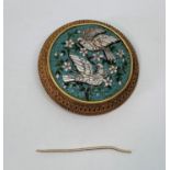 Antique circular micro-mosaic brooch depicting two doves on turquoise coloured ground, in yellow