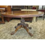 A Victorian walnut and burr walnut loo table, the oval top raised on a turned column and quadruped