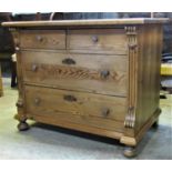 19th century stripped and waxed continental pine chest of two long and two short drawers with reeded