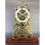 Good quality antique brass single fusee skeleton clock, with enamelled chapter ring and further