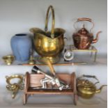 Collection of various metal ware to include a brass helmet log bin , a brass spirit kettle, a copper