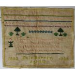 Late 19th century needlework sampler by Kate Harvey, age 12, dated 1883, 28 x 33cm, unframed