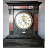 Large black slate architectural mantel clock with enamel chapter ring, twin train movement and