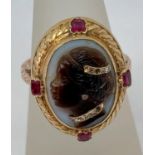 Fine antique blackamoor cameo ring depicting a lady, the agate cameo set with rose cut diamonds