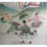 An unusual oriental appliqued and embroidered picture of dancing figures in a landscape with