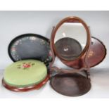 An antique treen lot comprising a hinged mirror, a gallery tray, a wool work footstool and two