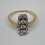 Art Deco style diamond panel ring, three centre diamonds 0.10cts each approx, size R/S, 4.4g