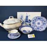 A collection of 19th century and later blue and white wares including Asiatic Pheasant two handled