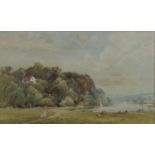 Late 19th century school - Landscape with a woman and child walking beside a river, with cattle